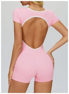 Pink open-back bodysuit with white trim and short sleeves for fitness and yoga