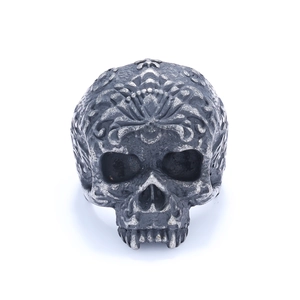 Vintage gothic skull ring for men with engraved mandala patterns in antique silver finish