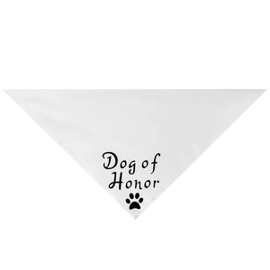Close-up of white pet bandana with black Dog of Honor text and paw print pattern