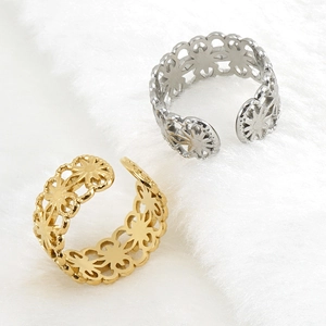 Adjustable hollow floral pattern stainless steel open rings in gold and silver finish