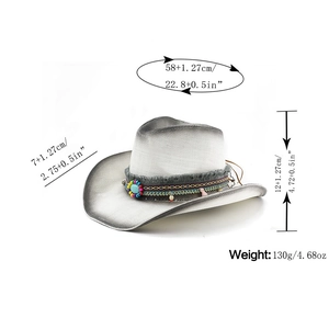 Dimensioni dettagliate del cappello da cowboy intrecciato con perline turchesi e fregio etnico