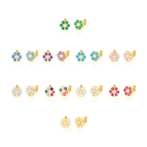 Flower Stud Earrings Copper Gold Plated Cubic Zirconia Six Petal Blossom Dainty Mini Jewelry For Women