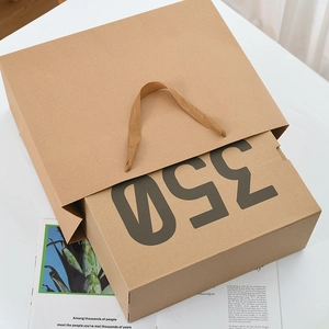 Vertical kraft paper gift bag and 350 shoebox set on white desk with accessories