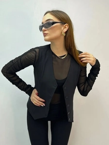 Women's black V-neck vest cardigan with sheer long sleeve mesh top and trousers