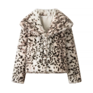Women's leopard print faux fur coat with oversized lapels and fluffy texture