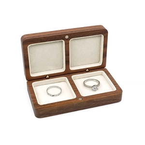 Black walnut wood ring box with double square slots and soft white velvet lining