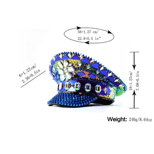Detailed dimensions of blue sequins captain hat with spikes, rhinestones and sun flower gem