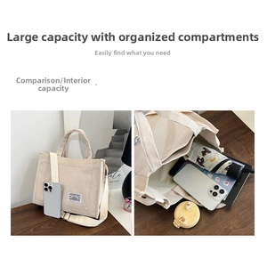 Macro view of beige corduroy tote bag showing large capacity for gadgets and daily items