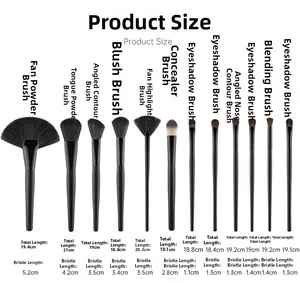 Size chart showing 24-piece makeup brush set with dimensions for powder and eye brushes