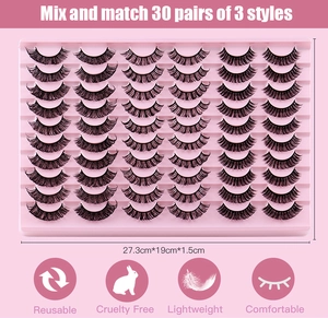Detail view of 30 pairs Russian DD curl eyelashes in a large capacity pink tray pack
