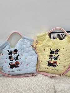 Quilted embroidered black cat tote bags in light blue and yellow with cute cartoon prints