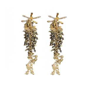 Eleganti orecchini a nappa dorati con perle di cristallo e aghi in argento donna