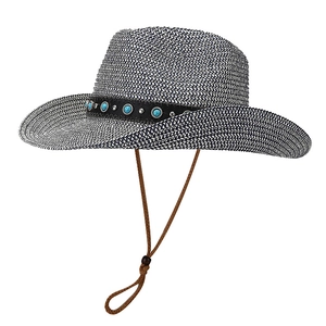 Retro western style wide brim straw sun hat with turquoise bead and windproof cord