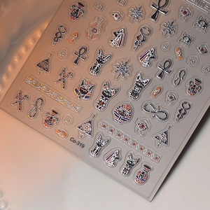 Detail of Co-319 Egyptian nail stickers featuring gold Bastet and Eye of Horus motifs