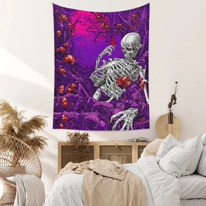 Detail of bohemian skull and mushroom tapestry as modern bedroom headboard decor