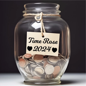 Detailed view of a transparent glass piggy bank with metal coins and Time Rose 2024 tag