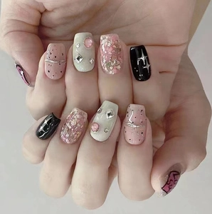 Press On Nails Pink Glitter Star Rhinestone Design Sweet Fashion Fake Nails With Love Letter Pattern For Girls