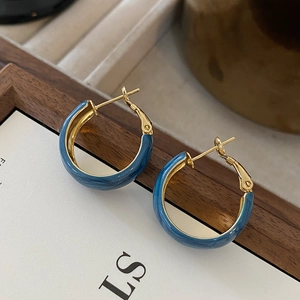 Vintage style blue marble enamel hoop earrings with gold plated interior for women