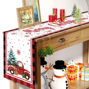 Christmas table runner with red vintage truck and Christmas tree on buffalo plaid border