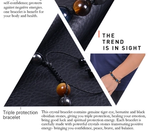 Detail view of 10mm blue tiger eye, hematite and obsidian beads for energy protection