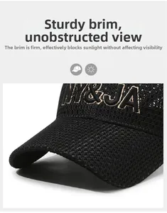 Detailed close-up of NY & JA embroidery on breathable black mesh baseball cap visor