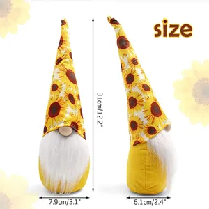 Sunflower gnome plush doll showing front and side views with precise 31cm height dimensions