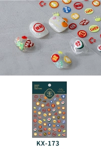 Macro view of 3D embossed nail stickers featuring gold lucky characters and cute icons