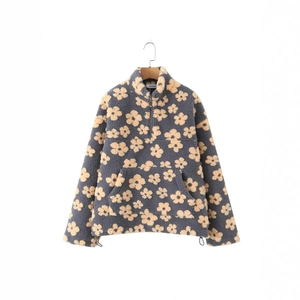 Dark grey fleece pullover with yellow floral patterns and half-zip stand collar
