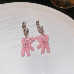 Pink flocked bear earrings with silver heart studs, rhinestones and pearl details