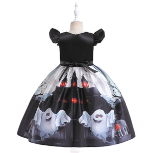 Detail of Halloween girl dress back with satin bow tie and ghost print hemline
