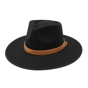 Cappello fedora classico in lana nera con fascia in pelle marrone e fibbia dorata