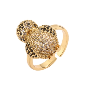 Adjustable gold animal ring with micro-pave zircons in a chick design on white background