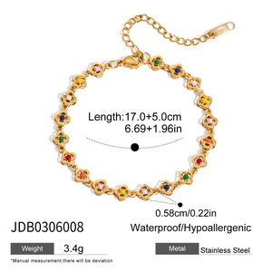 Detail of stainless steel bracelet with enamel flowers showing dimensions and weight