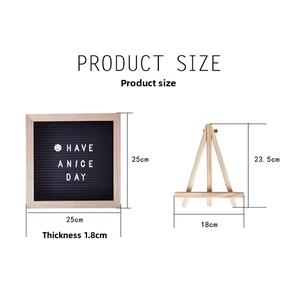 Detailed dimension guide for the 25x25cm wood felt letter board with adjustable stand