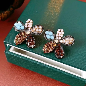 Floral crystal stud earrings with colorful rhinestones on a vintage alloy base