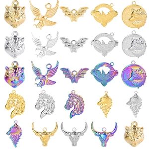 Stainless Steel Animal Charms Pendants Wolf Eagle Bat Horse Bull Tiger Head Celtic Knot For DIY Jewelry Making Accessory