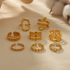 8pcs 18K gold plated stainless steel snake and heart ring set with adjustable open bands