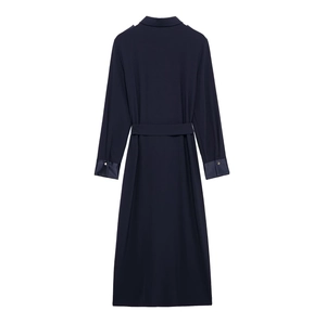 Workwear style navy long sleeve maxi dress with shoulder buttons and belt, back view