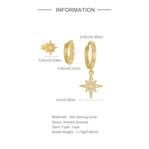 Detailed chart of gold S925 sterling silver star earrings with opal and zircon settings