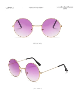 Detailed views of gold round vintage sunglasses with gradient purple lenses