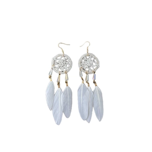 Bohemian dreamcatcher earrings with white feathers and silver crystal bead accents