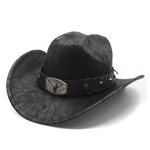 Chapeau de cowboy vintage noir en daim texturé avec boucle métallique tête de taureau