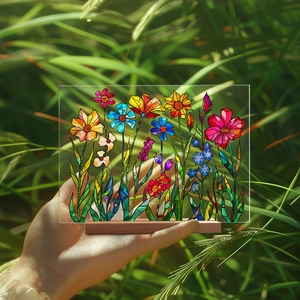 Detail of floral acrylic plaque with wood base held against blurred green nature