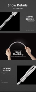 Detailed view of flexible spiral drain cleaner with dense white bristles and ergonomic handle