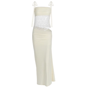 Sleek off-white bodycon maxi dress with lace waist patchwork and cutout details