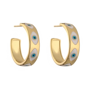Gold-plated C-shaped hoop earrings with blue and white enamel evil eye patterns on white background