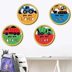 Décoration Murale en Bois Véhicule de Chantier Chambre d'Enfant Panneau Suspendu Rond avec Citations Motivationnelles
