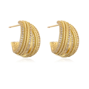 Luxurious 18K gold plated C-shape earrings with twisted texture and pavé zircon stones