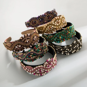 Baroque Vintage Rhinestone Padded Headband For Women Luxury Glass Crystal Beaded Polyester Hair Hoop Wide Palace Style Wedding Party Jewelry