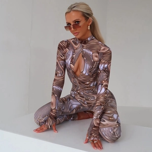 Women Marble Print Long Sleeve Jumpsuit Sexy Hollow Out Chest Backless Slim Fit High Stretch Streetwear Bodysuit